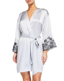 Josie Natori Lolita Lace-Trim Silk Wrap Robe at Neiman Marcus